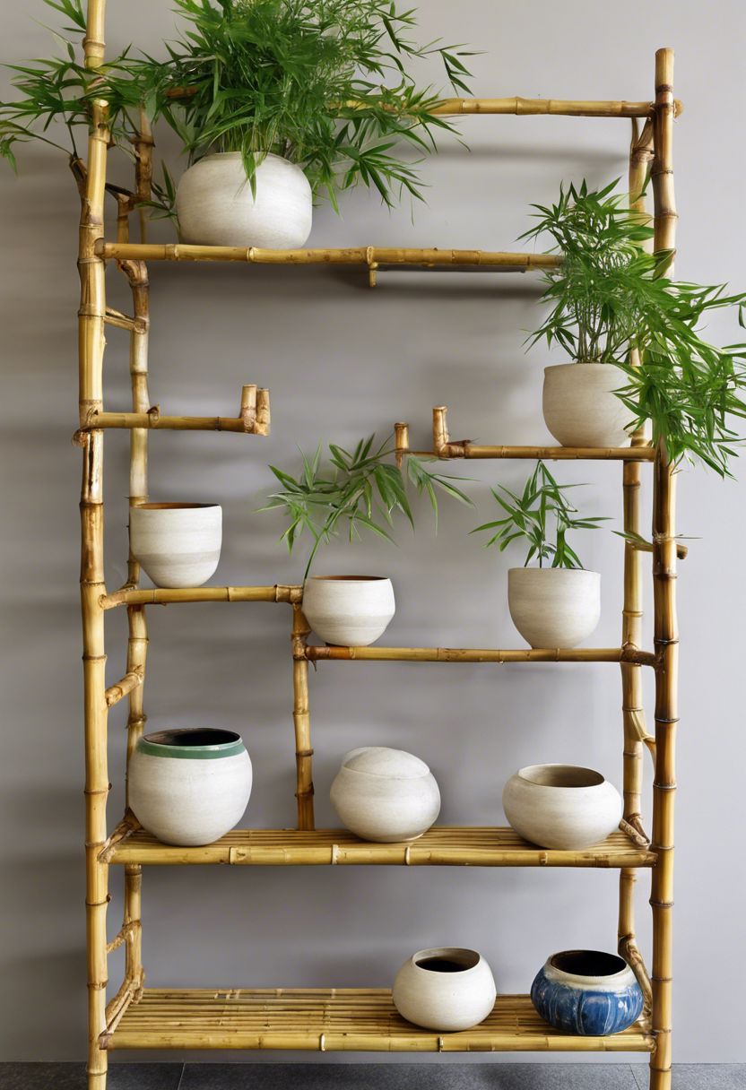 Bamboo Shelves with Painted Pots