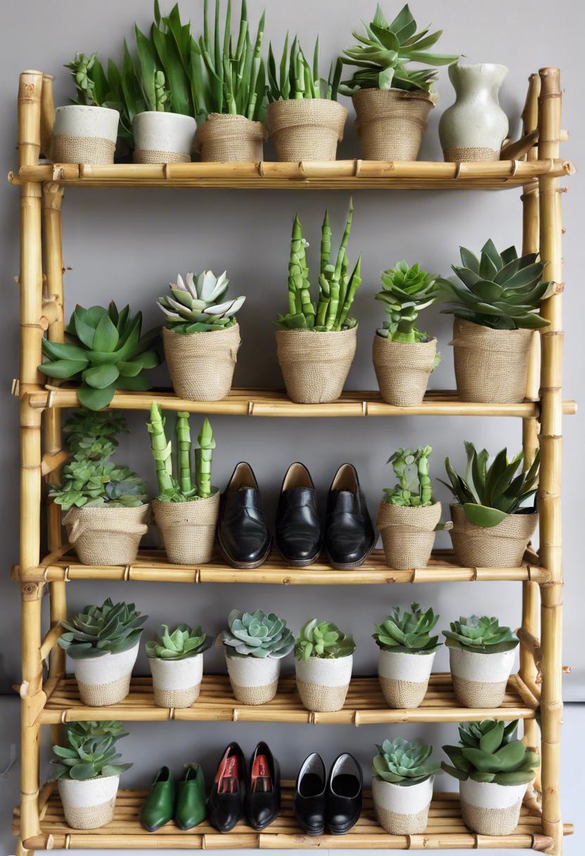 Bamboo Shoe Rack with Succulents